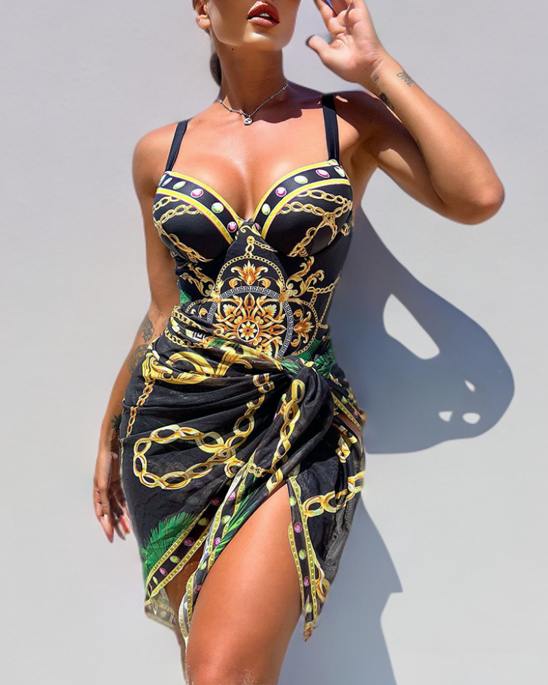 Freya | Women's Halter Push Up Printed Swimsuit - Black - Image 1
