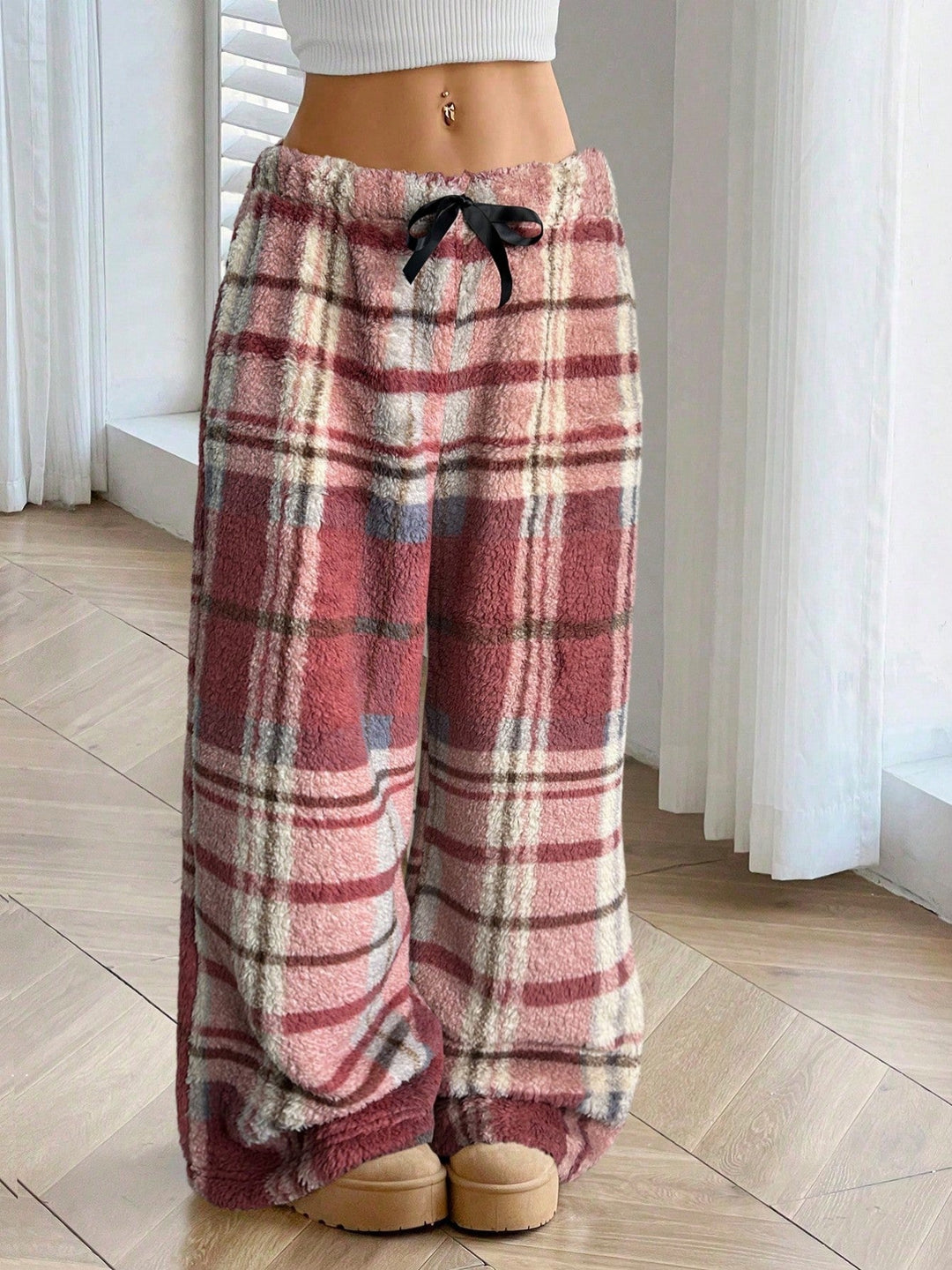 Golvaine | Women's Plaid Fleece Wide Leg Lounge Trousers - Pink - Image 1
