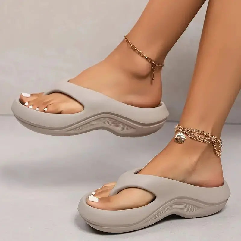 Guinevere | Women's Platform Flip Flops - Beige - Image 1