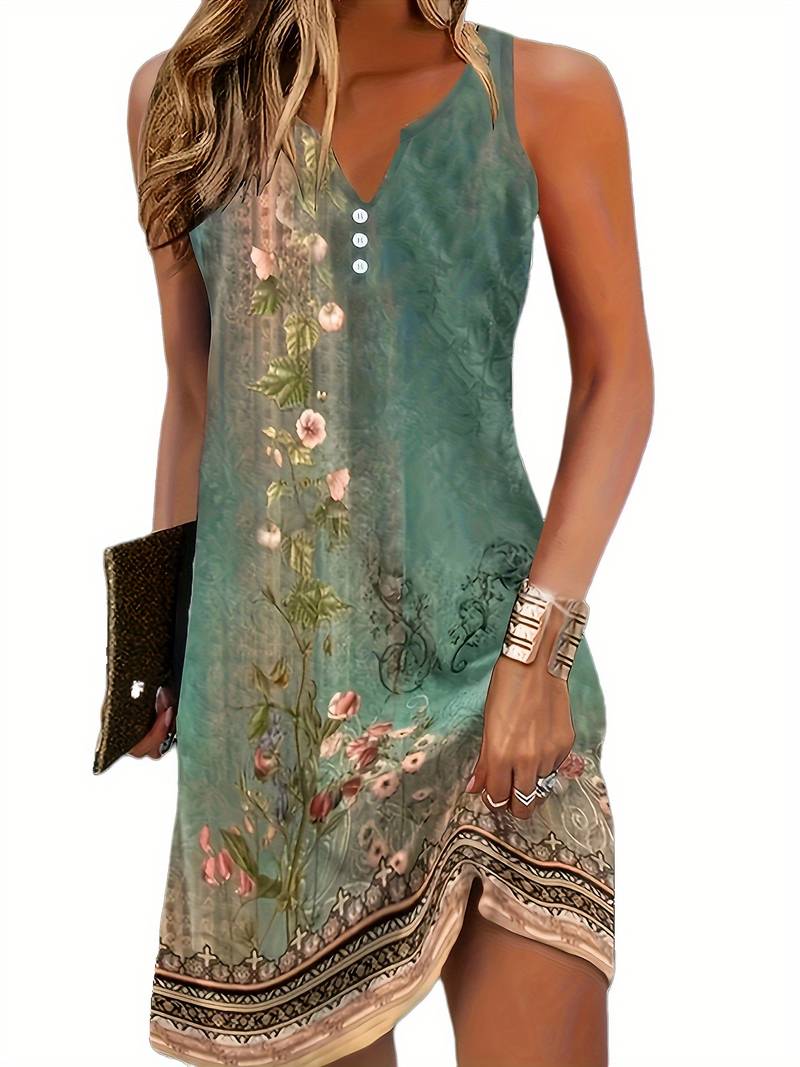Gwendolyn | Women's Floral V-Neck Sleeveless Mini Dress - Teal - Image 1