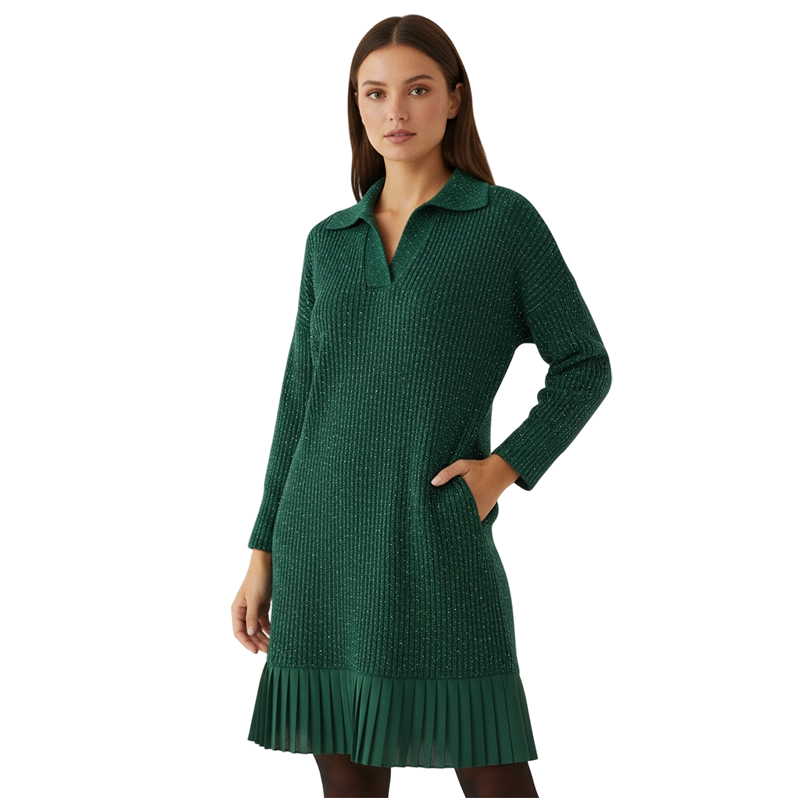 Halvene | Women's Knitted Jumper Dress with Pleated Hem - Dark Green - Image 1