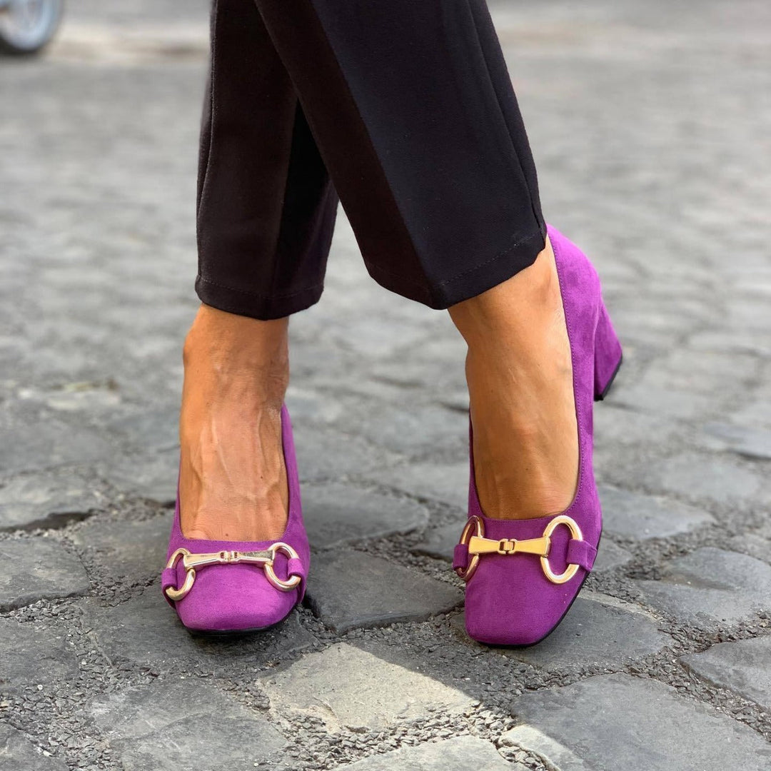 Halveth | Women's Block Heel Loafers Square Toe - Purple - Image 1