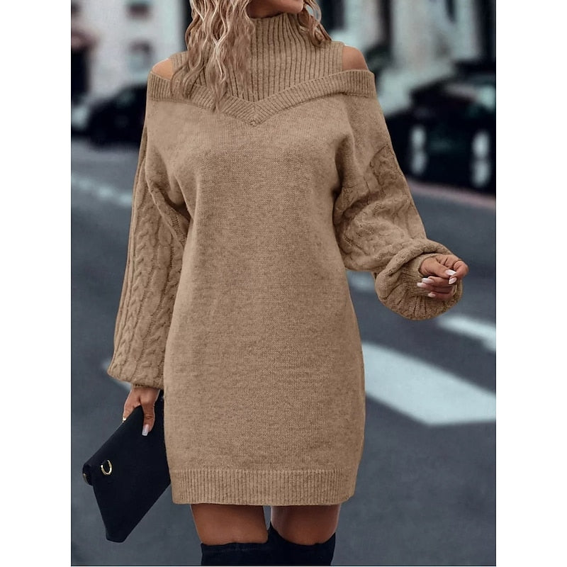 Halveth | Women's Cold-Shoulder Knit Sweater Dress - Camel - Image 1