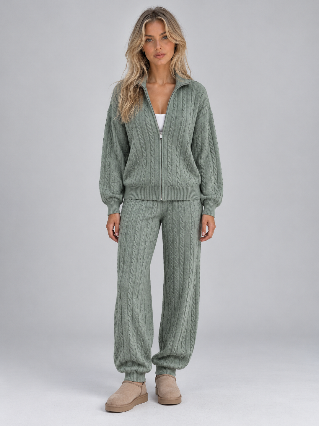 Halvindra | Women's Cable Knit Co-Ord Jumper Set - Sage - Image 1
