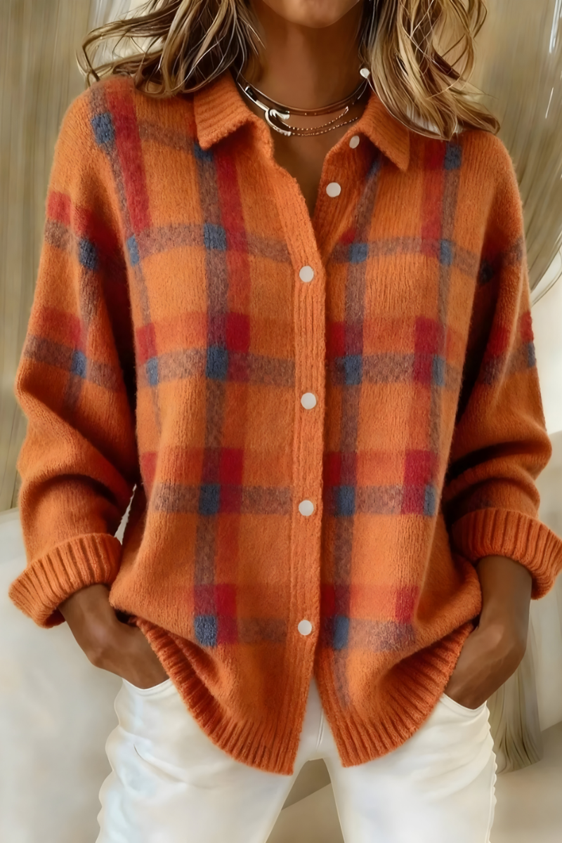 Halvora | Women's Checked Knit Cardigan - Orange - Image 1