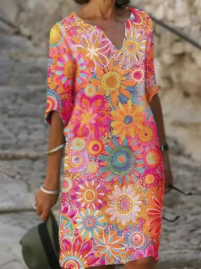 Harlow | Women's Floral V Neck 3/4 Sleeve Midi Dress - Floral - Image 1