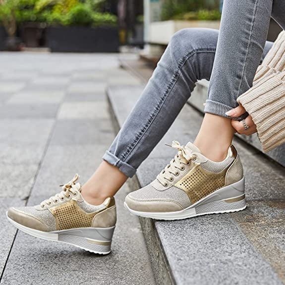 Imogen | Women's Hidden Wedge Platform Trainers - Beige - Image 1
