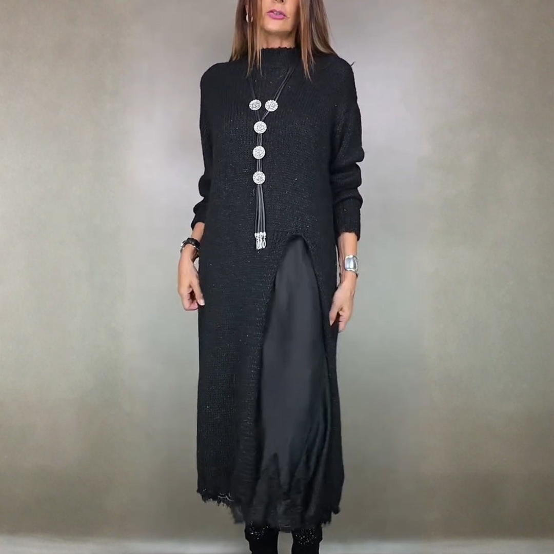 Imogen | Women's Knit Sweater Dress Long Layered Midi - Black - Image 1