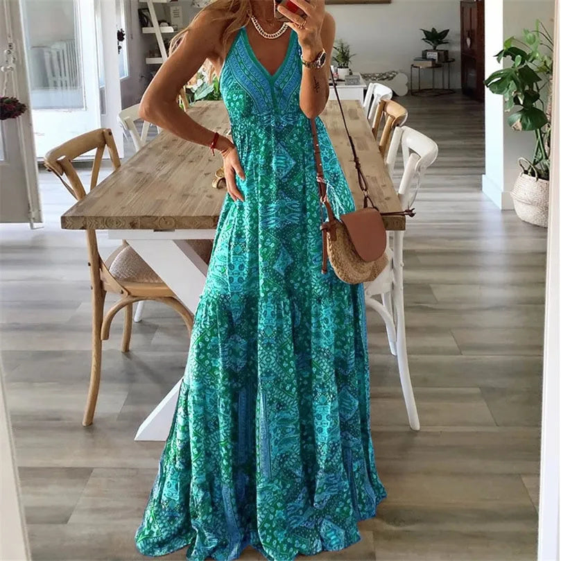 Iolanda | Women's Halter Neck Flowy Maxi Dress - Teal - Image 1