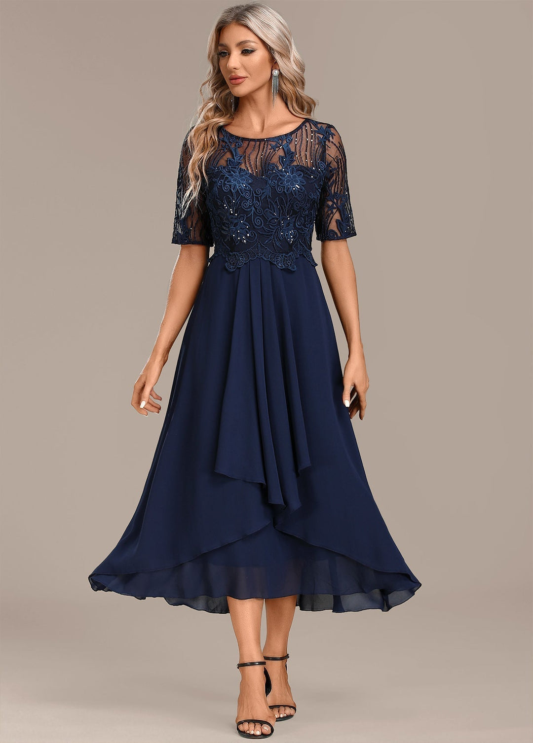 Iona | Women's Navy Round Neck Short Sleeve Midi Dress - Navy - Image 1