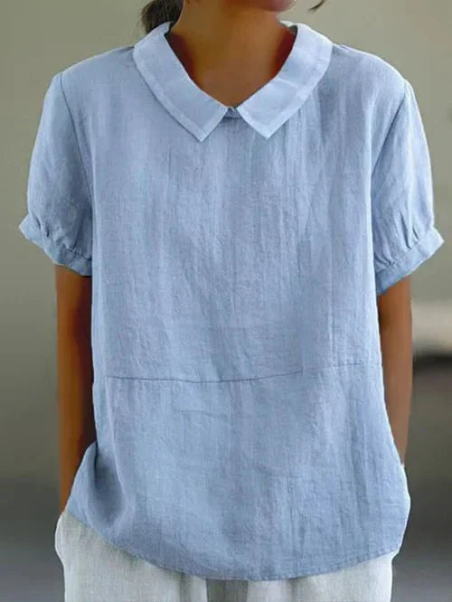 Isabeau | Women's Peter Pan Collar Short Sleeve Blouse - Light Blue - Image 1