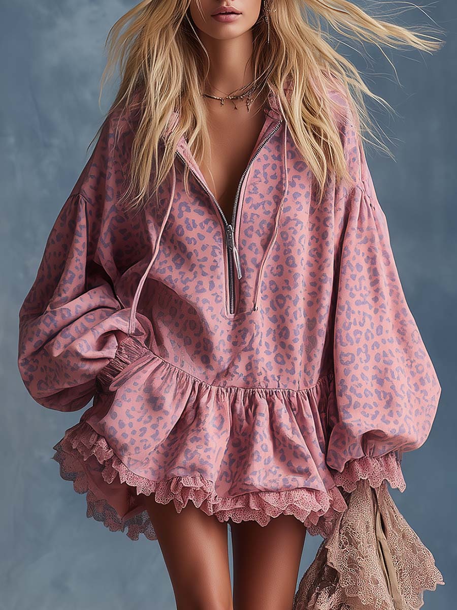 Ismara | Women's Pink Leopard Print Hooded Mini Dress - Pink - Image 1