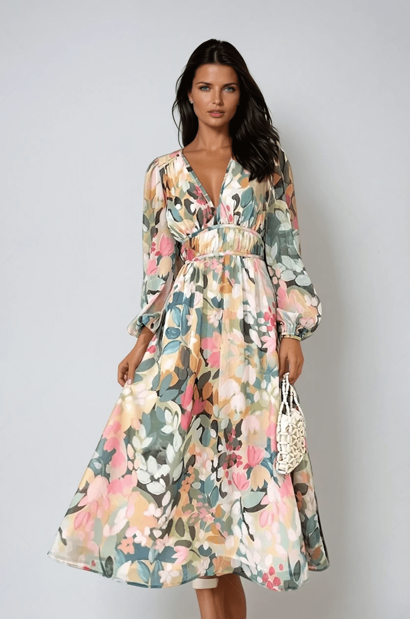 Isolda | Women's Floral V-Neck Long Sleeve Midi Dress - Floral - Image 1