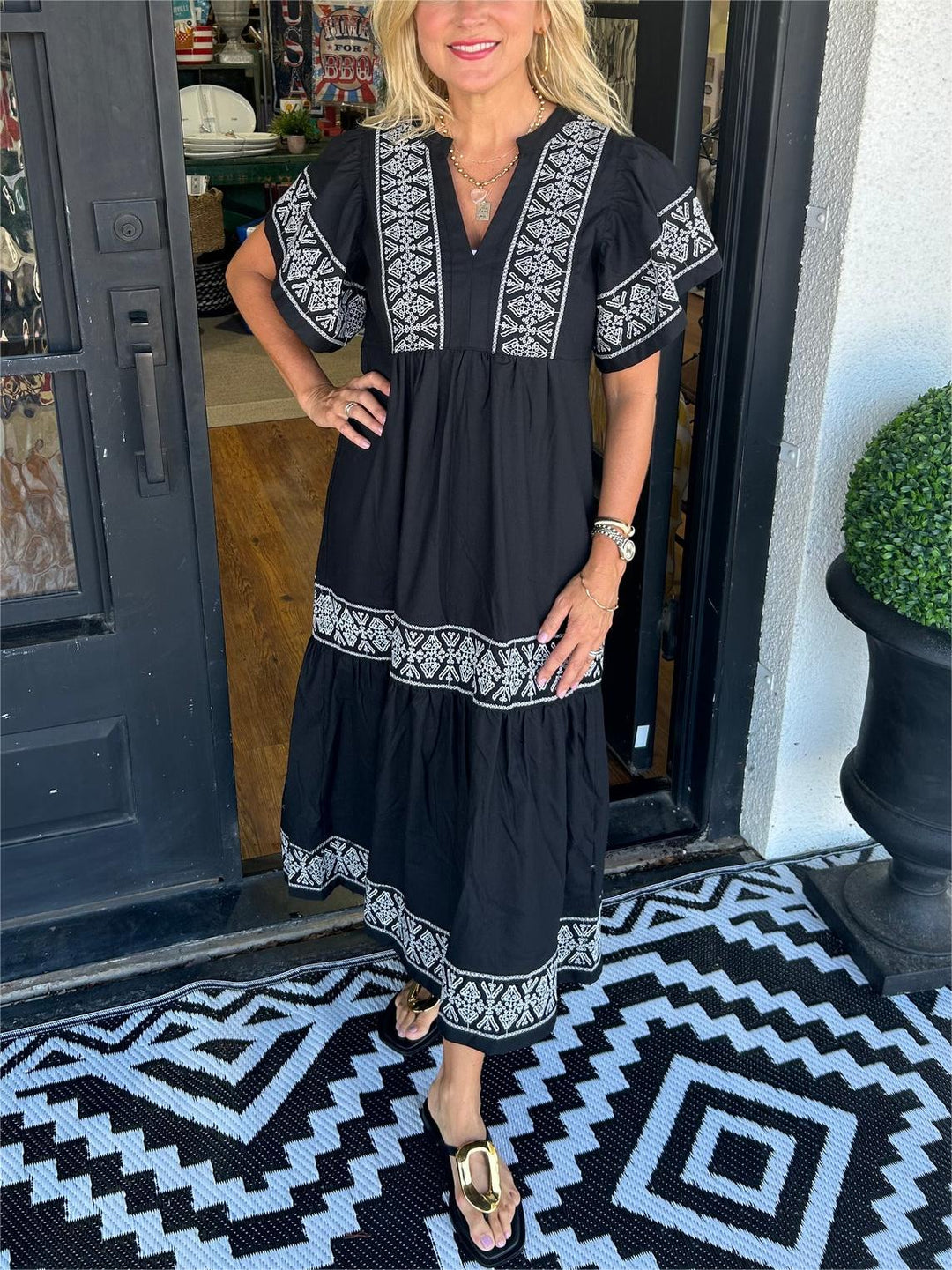 Jocasta | Women's Embroidered Short Sleeve Maxi Dress - Black - Image 1