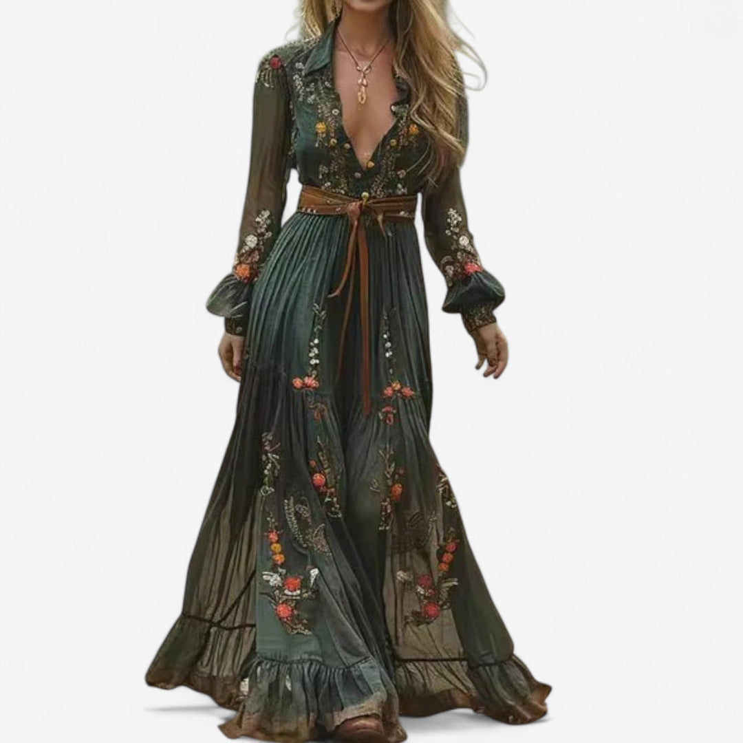 Julianna | Women's Embroidered V Neck Maxi Dress - Green - Image 1