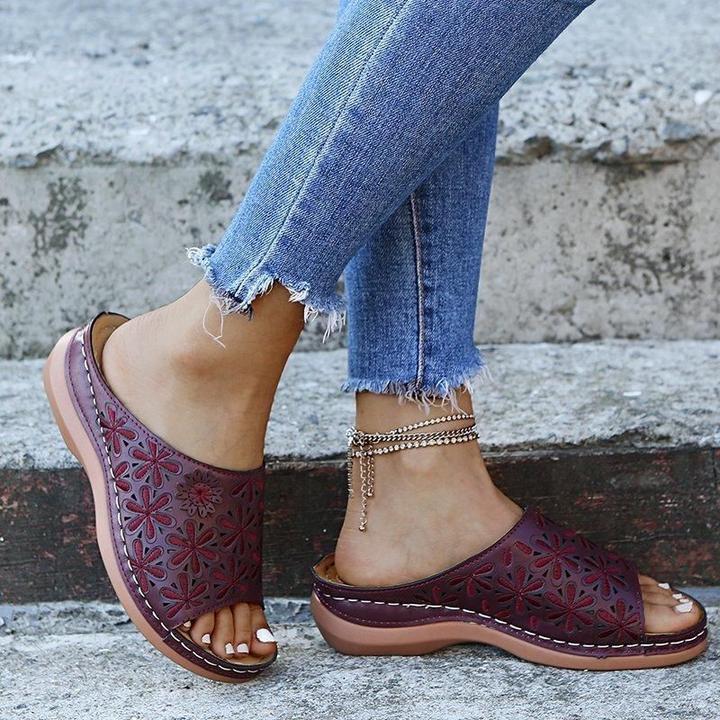 Junessa | Women's Orthopedic Floral Cutout Wedge Sandals - Burgundy - Image 1
