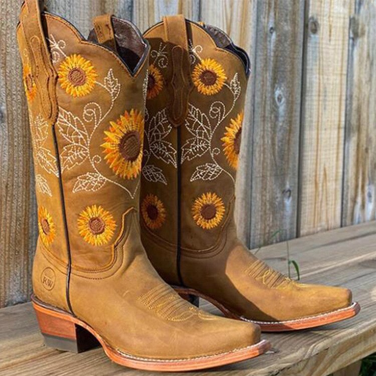 Katarina | Women's Sunflower Embroidered Cowboy Boots - Brown - Image 1