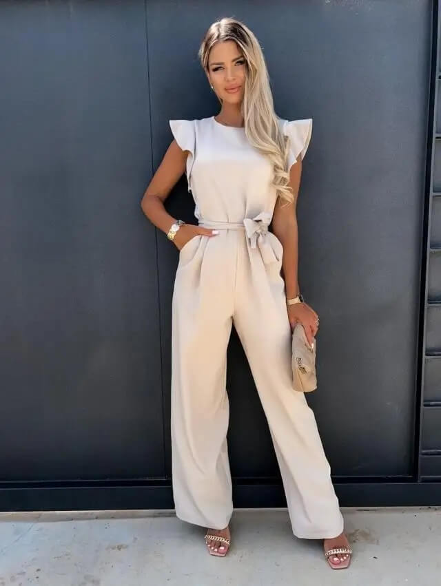 Lavinia | Women's Flutter Sleeve Wide Leg Jumpsuit - Beige - Image 1