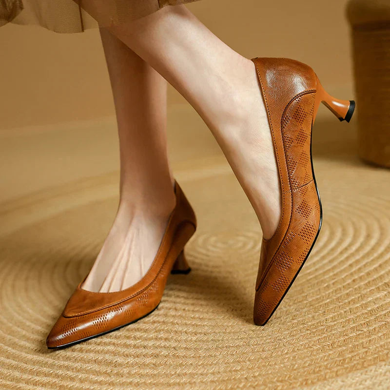 Lenora | Women's Pointed Toe Kitten Heel Pumps - Brown - Image 1