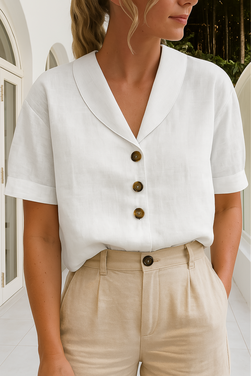 Leonie | Women's Collared Button Front Short Sleeve Blouse - White - Image 1