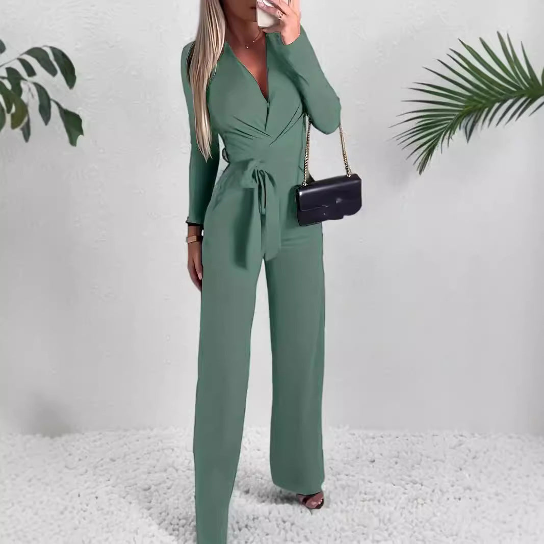 Lillian | Women's Wide Leg Wrap V-Neck Jumpsuit - Green - Image 1