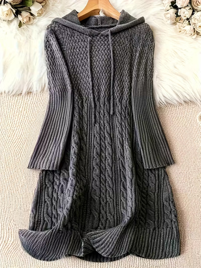 Linnora | Women's Cable Knit Hooded Jumper Dress - Dark Grey - Image 1