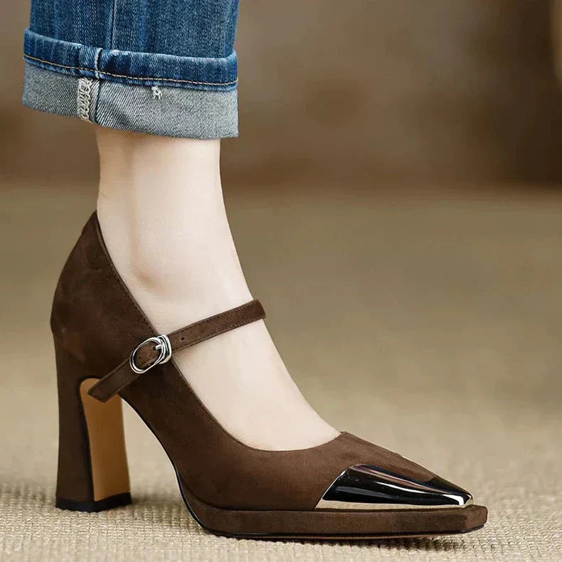 Luciana | Women's Mary Jane Block Heel Cap Toe Pumps - Brown - Image 1