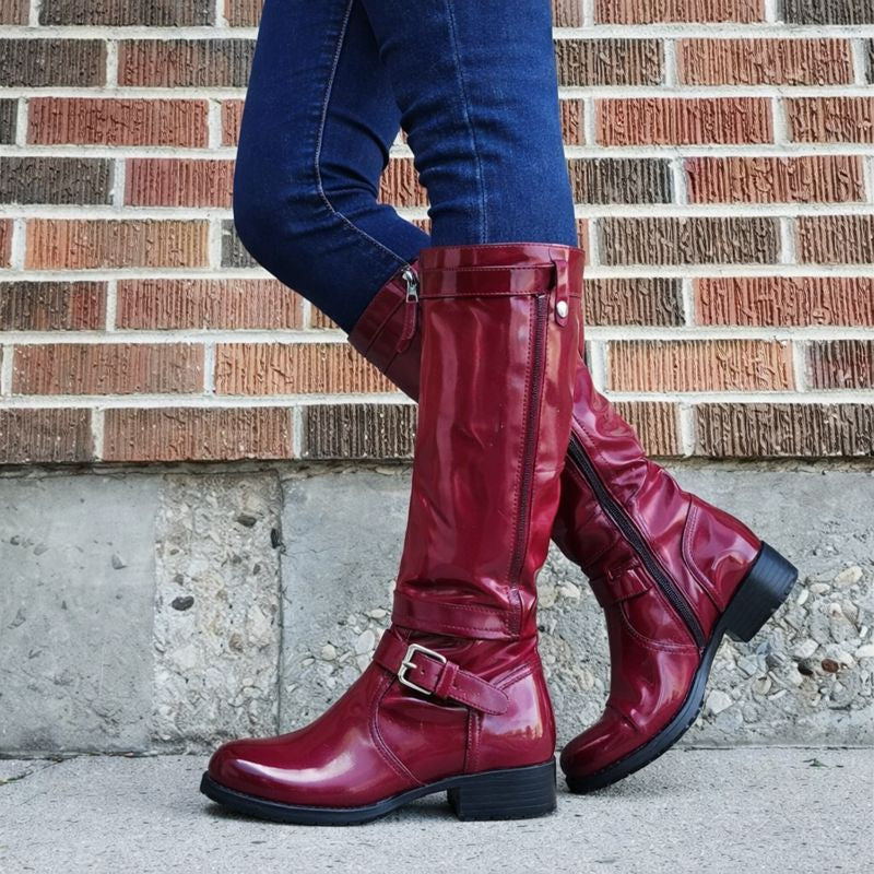 Lucinda | Women's Knee High Buckle Boots - Burgundy - Image 1