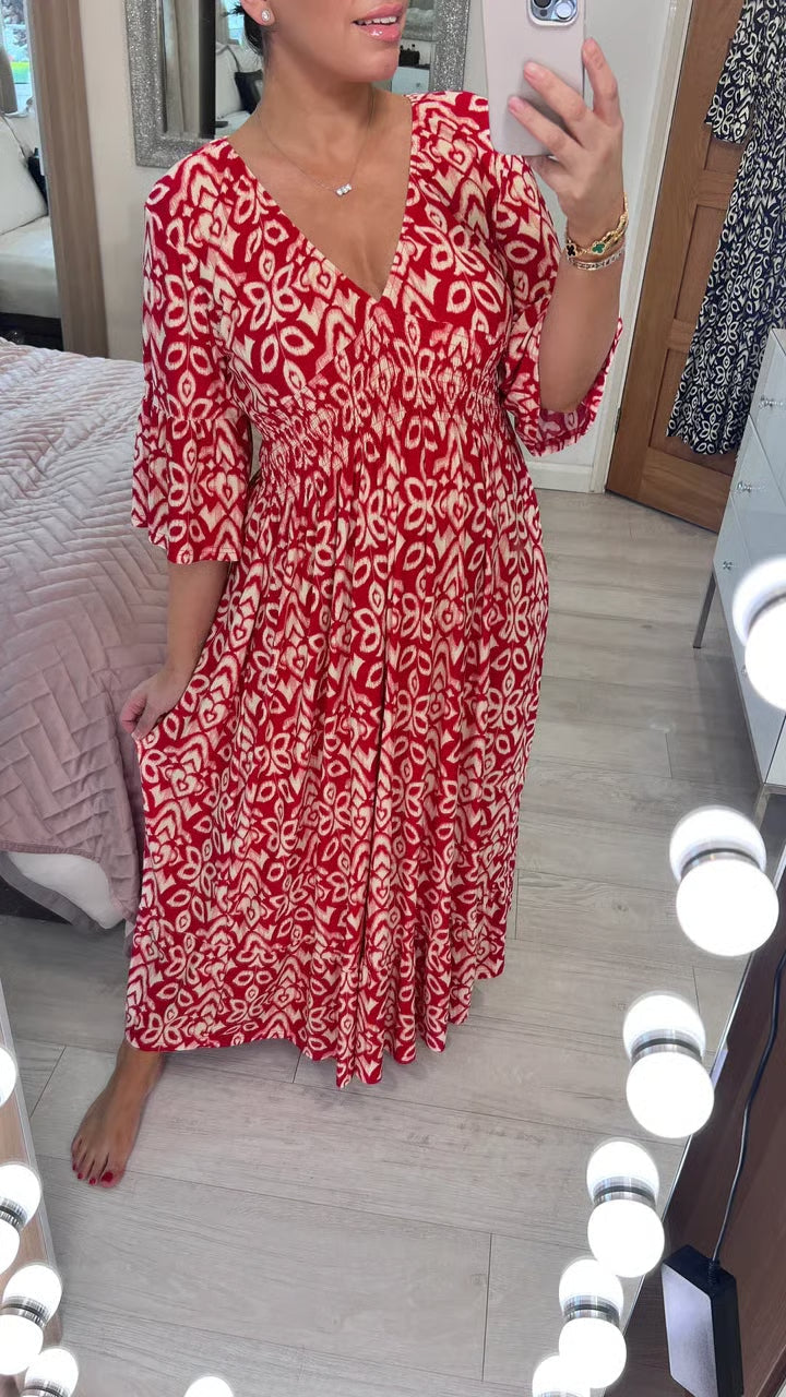 Lyanna | Women's V Neck Floral Wrap Midi Dress - Red - Image 1