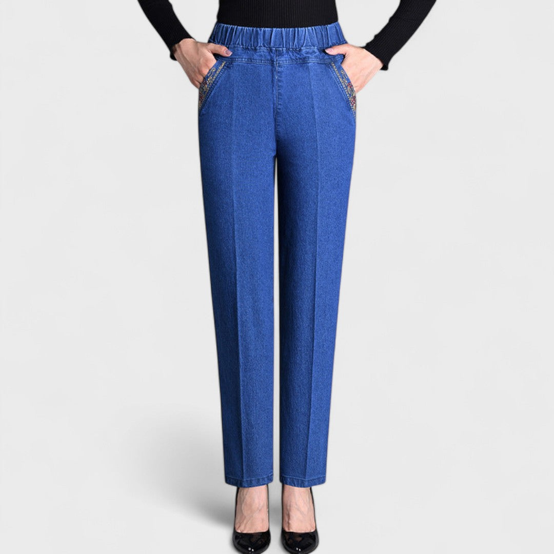 Lydia | Women's High Waisted Elastic Waist Blue Jeans - Blue - Image 1