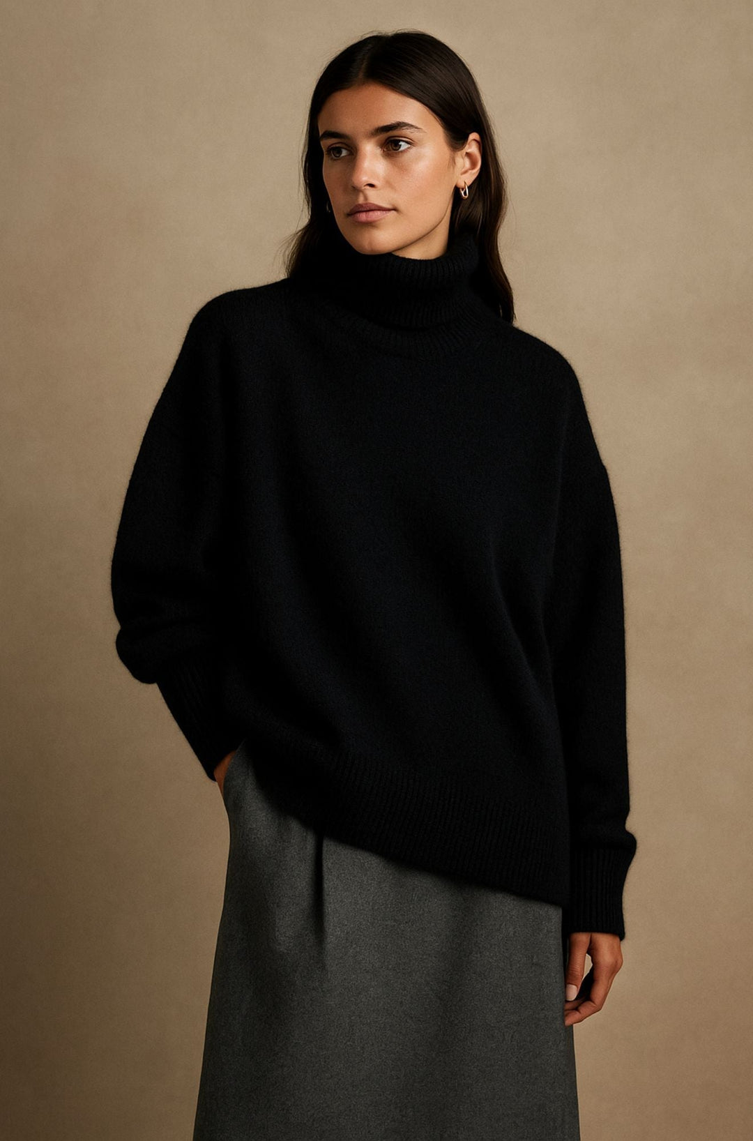 Lydia | Women's Turtleneck Long Sleeve Oversized Sweater - Black - Image 1
