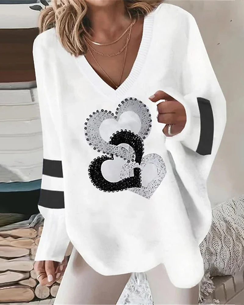 Lydia | Women's V-Neck Sequin Heart Jumper - White - Image 1