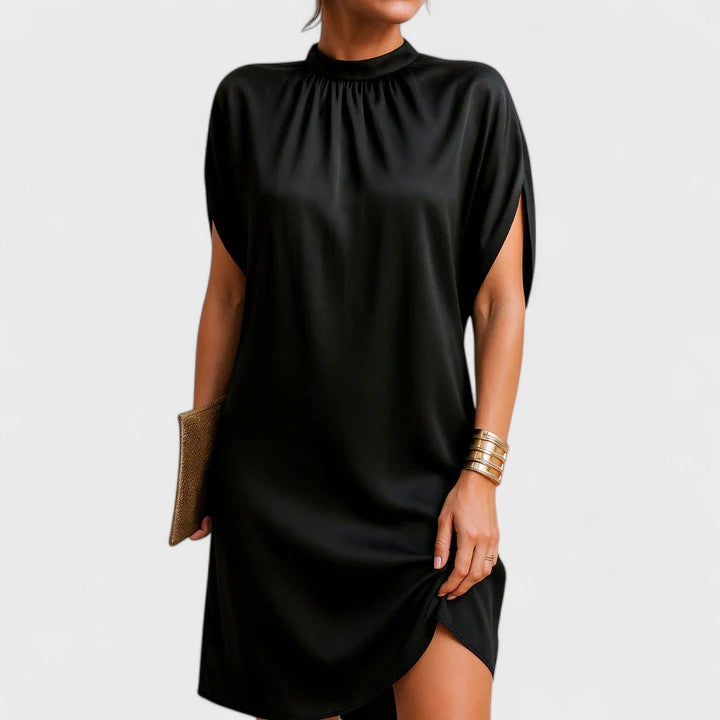 Lyra | Women's Mock Neck Split Sleeve Mini Dress - Black - Image 1