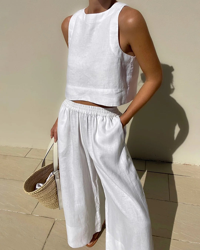 Lyralei | Women's Sleeveless Crop Top Wide Leg Set - White - Image 1