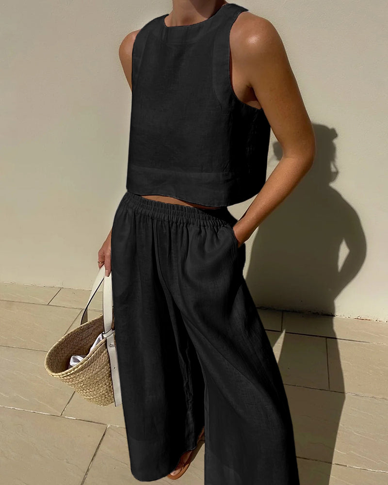 Lyralei | Damen ärmelloses Crop-Top und Weite-Hosen-Set – Weiß – Bild 2
