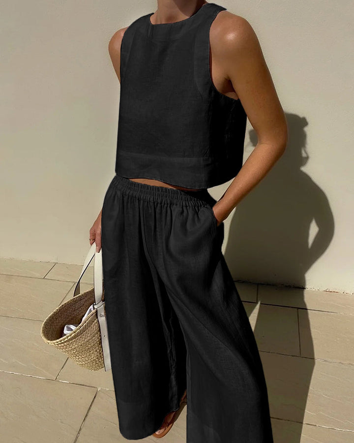 Lyralei | Damen ärmelloses Crop-Top und Weite-Hosen-Set – Weiß – Bild 2