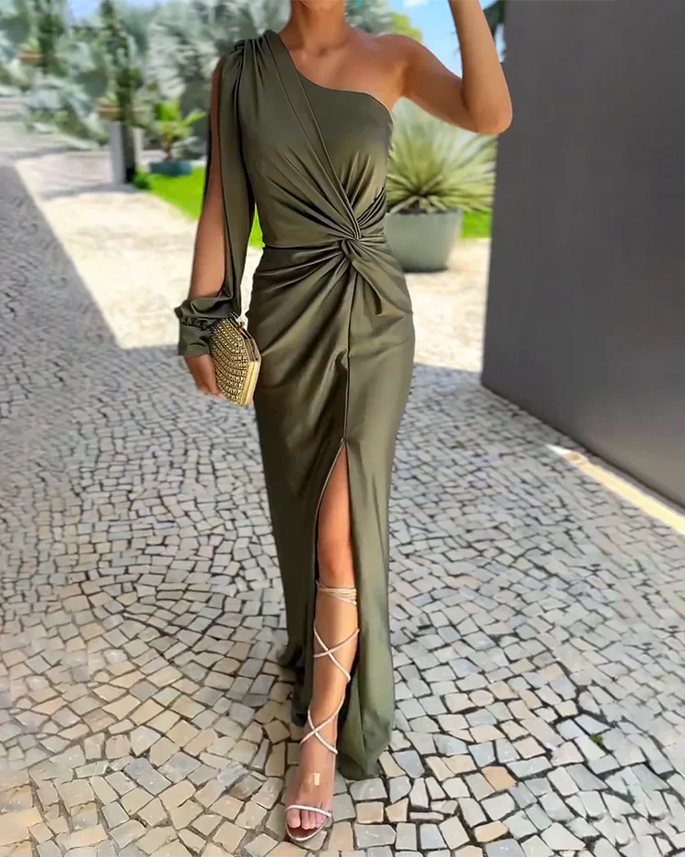 Lyraleth | Women's One Shoulder Asymmetric Maxi Dress - Khaki - Image 1