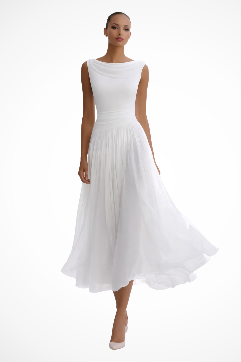 Lysandra | Women's Boat Neck Sleeveless Midi Dress - White - Image 1
