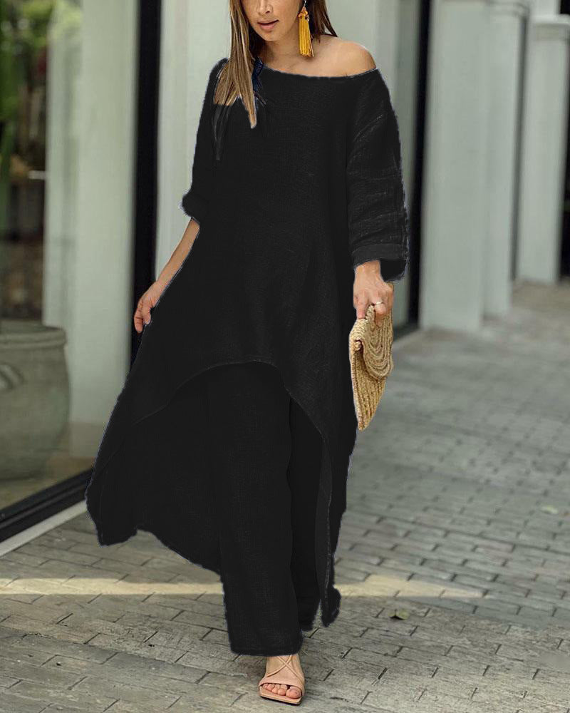 Lysandra | Women's Off Shoulder Wide Leg Two Piece Set - Black - Image 1