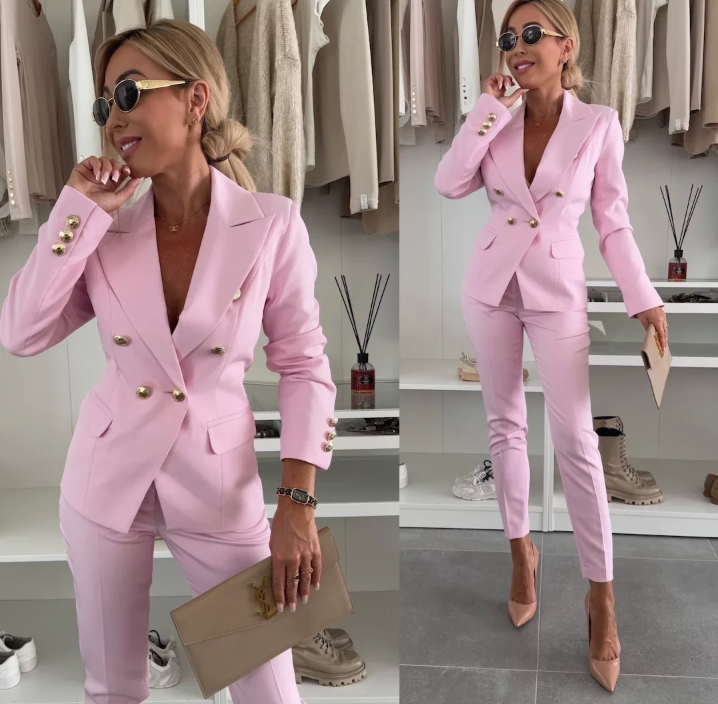 Lysinda | Damen Zweireihiges Blazer-Anzug-Set - Pink - Bild 1