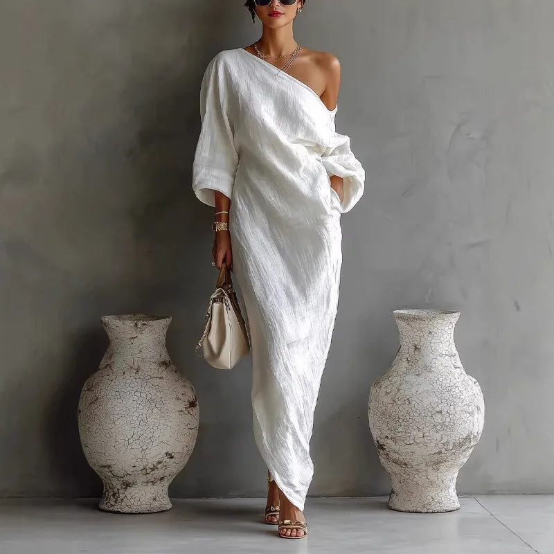 Lysithia | Women's One Shoulder Asymmetric Maxi Dress - White - Image 1