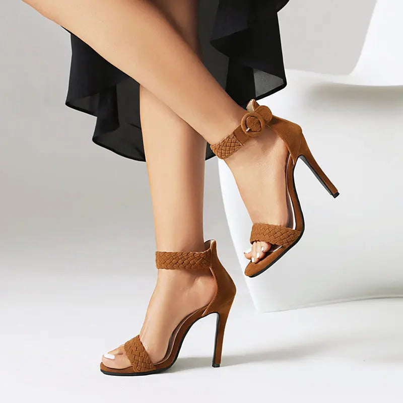 Marceline | Women's Braided Ankle Strap High Heels - Brown - Image 1