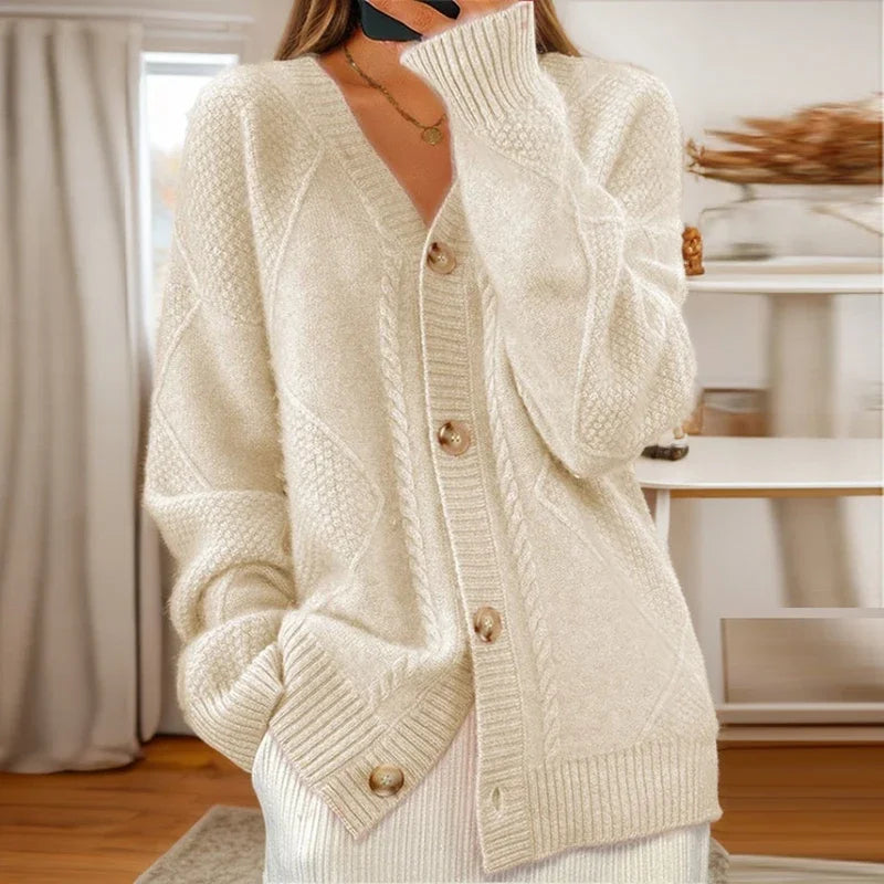 Marguerite | Women's Cable Knit Button Front Cardigan - White - Image 1