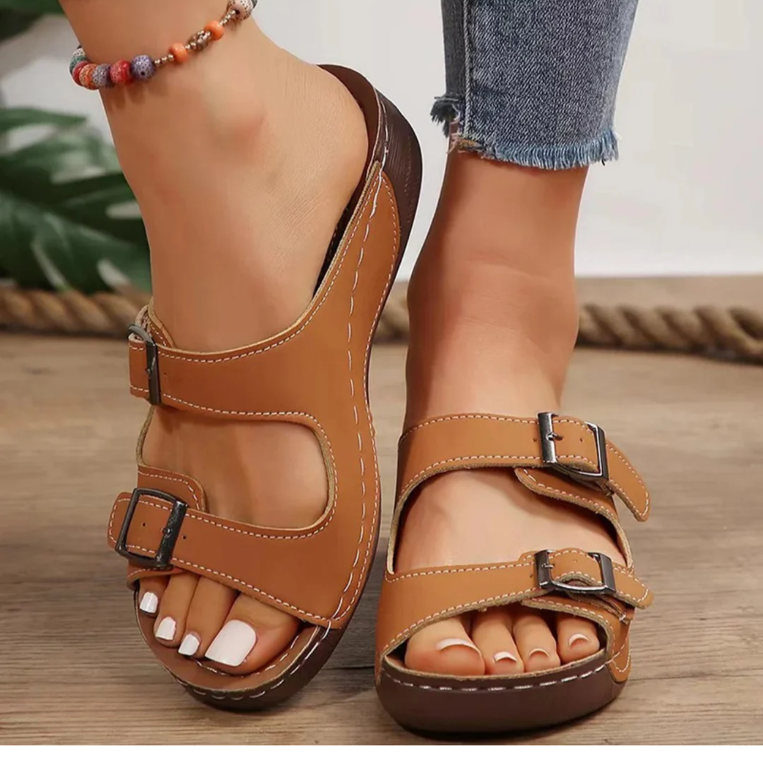 Marguerite | Women's Orthopedic Buckle Sandals - Brown - Image 1