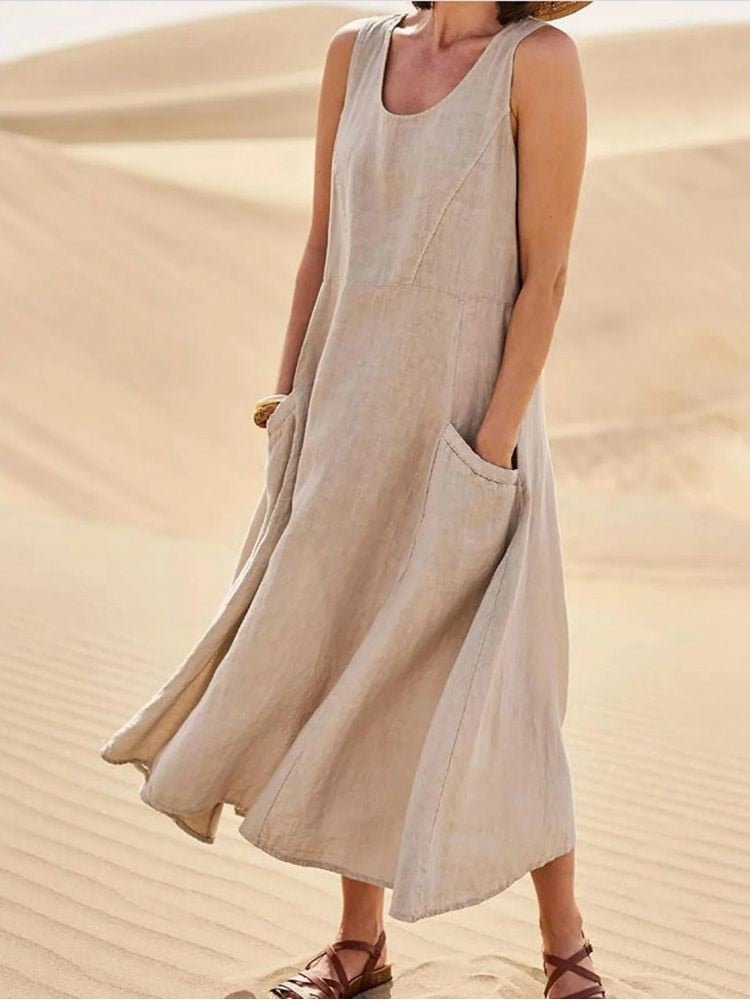 Marguerite | Women's Sleeveless Scoop Neck Maxi Dress - Beige - Image 1