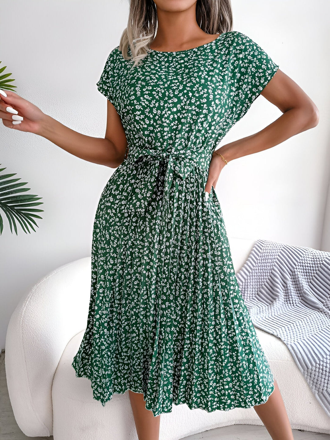 Marisol | Women's Floral Short Sleeve Midi Dress - Green - Image 1