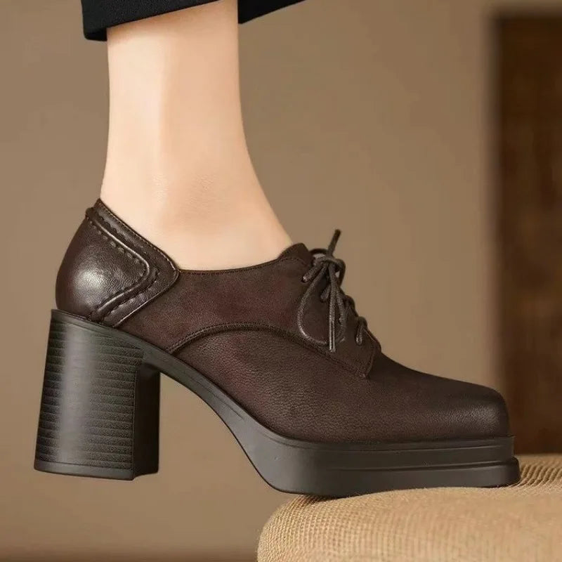 Marlena | Women's Platform Oxford Block Heel Shoes - Brown - Image 1