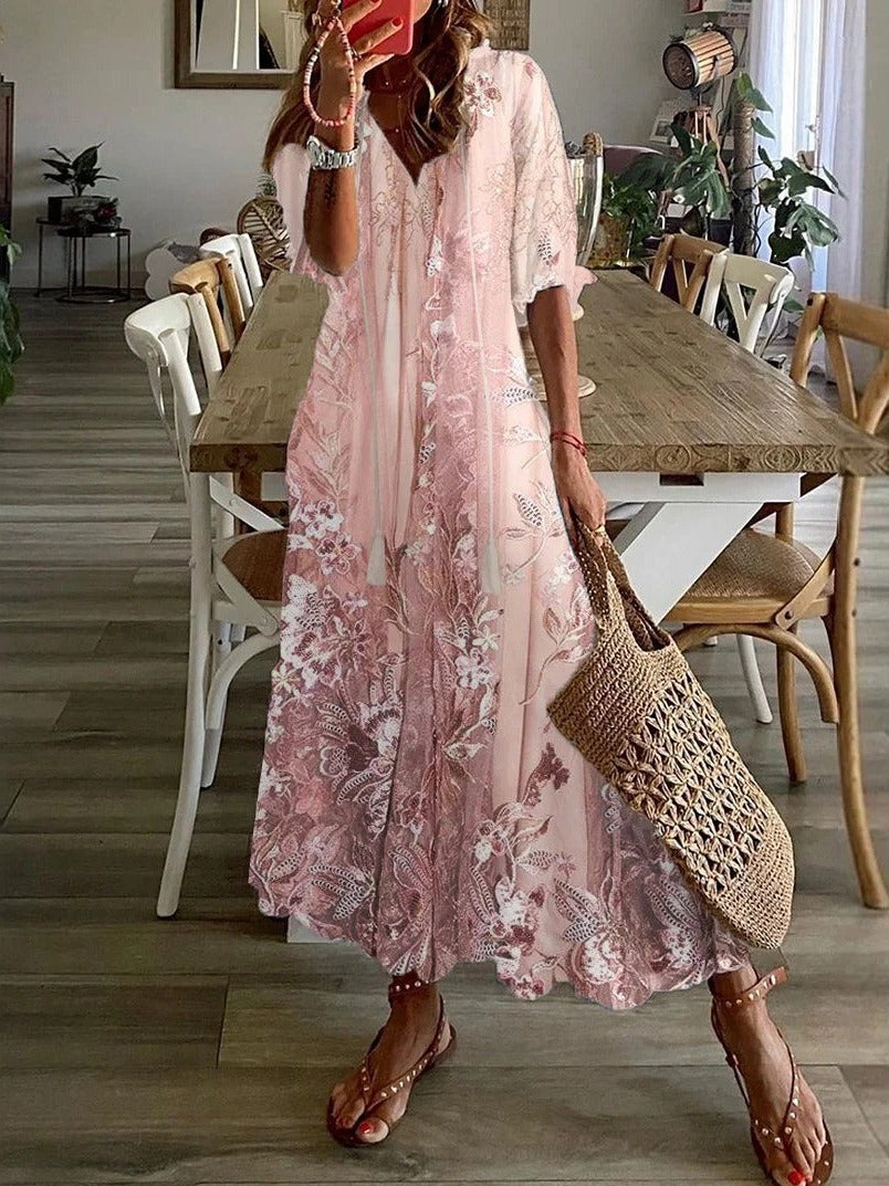 Marlowe | Women's Floral Print V-Neck Maxi Dress - Pink - Image 1