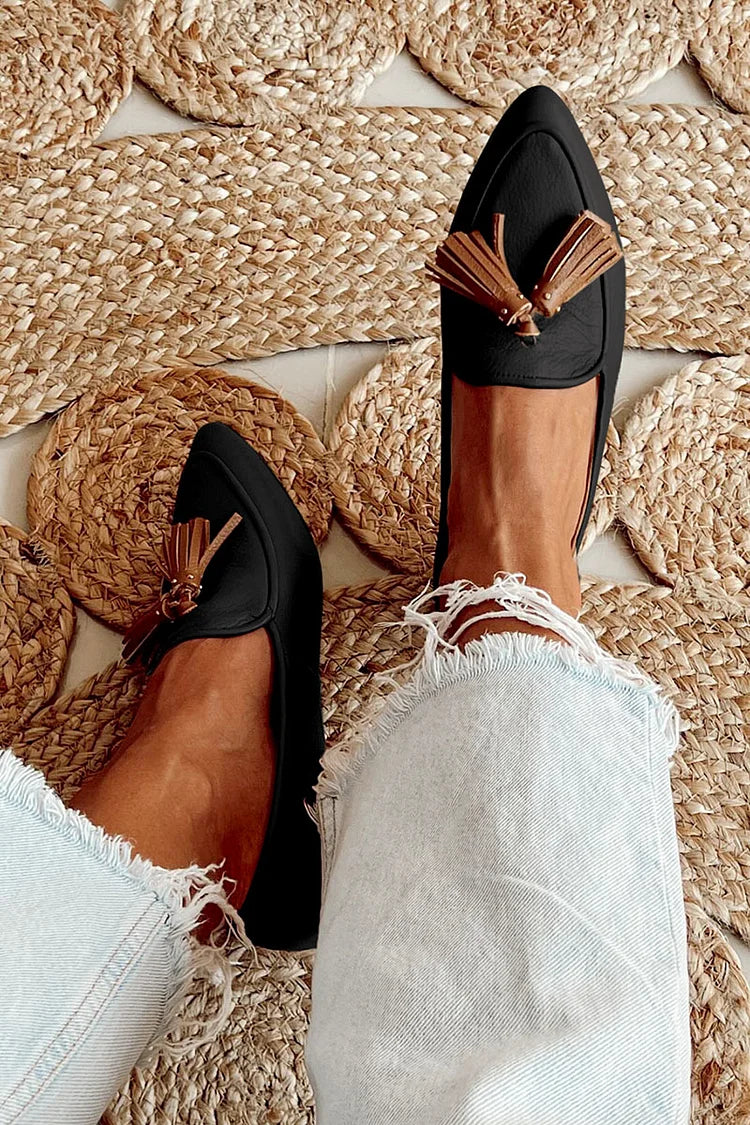 Marvola | Women's Pointed Toe Tassel Loafers - Black - Image 1