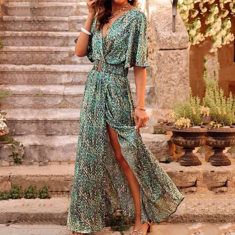 Maximiliana | Women's V-Neck Wrap Maxi Dress - Green - Image 1